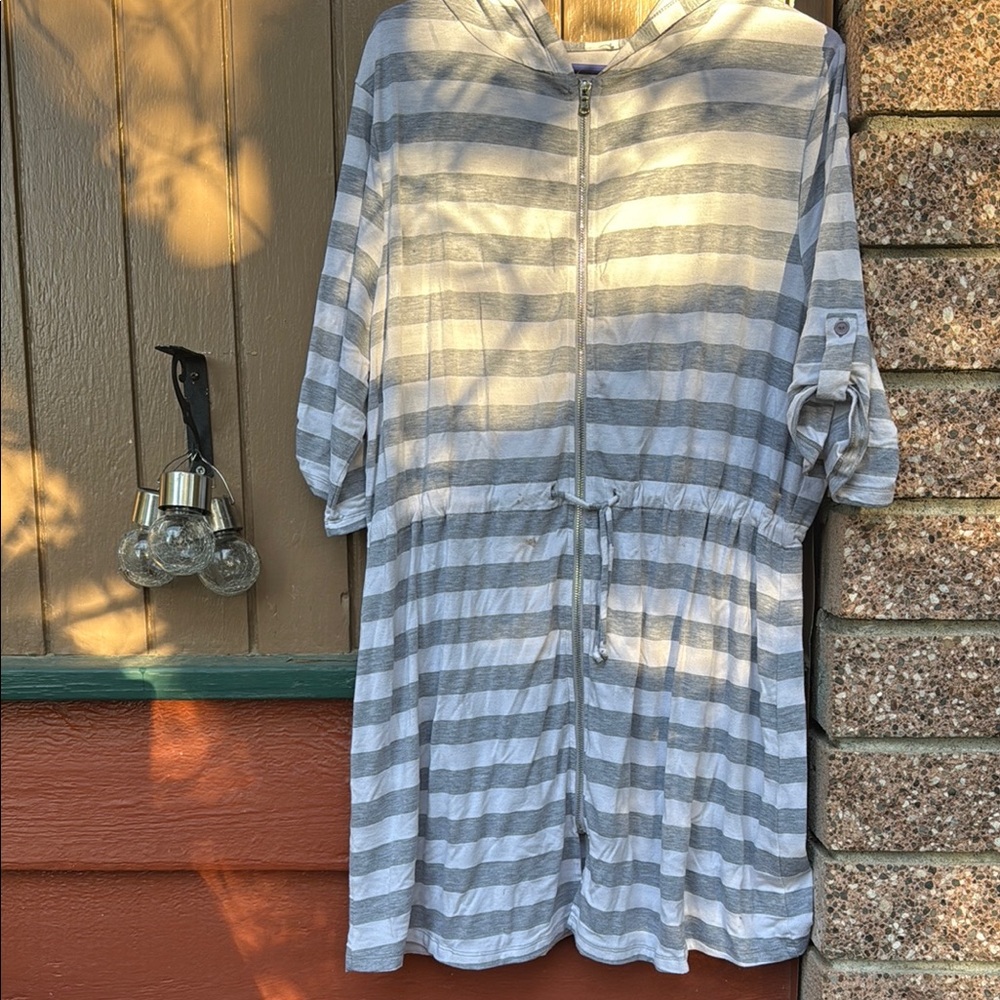 Gray and White Striped Hoodie Dress